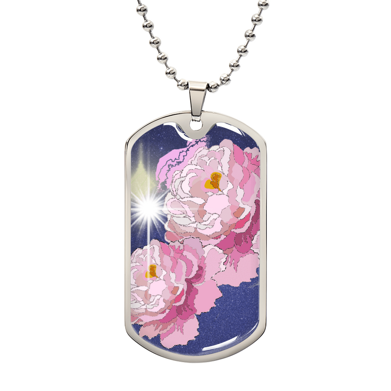 Pink Peonies on Blue Dog Tag Necklace (Personalize It)