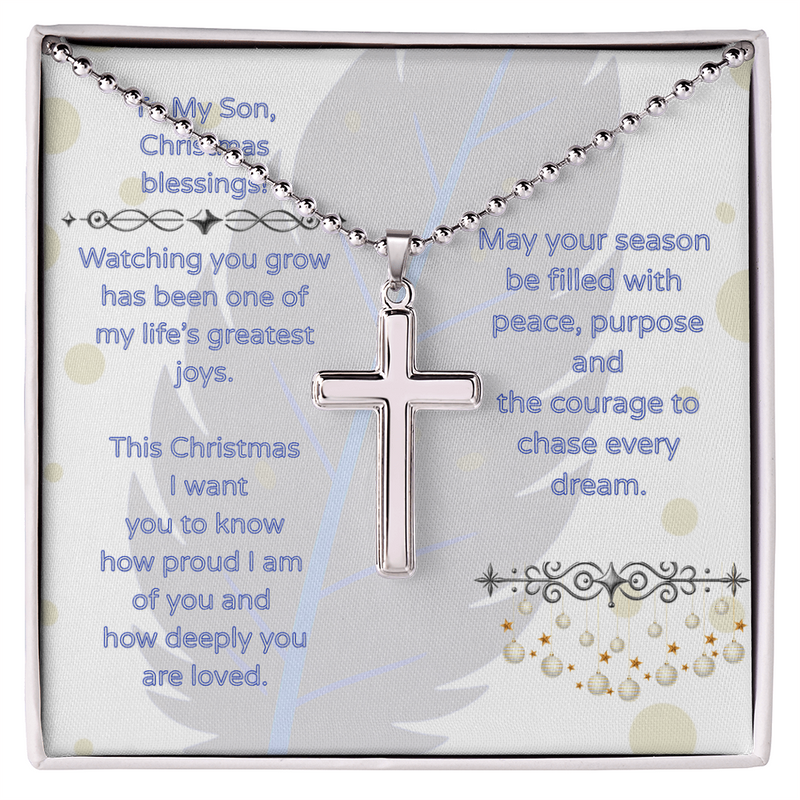 To My Son -- Christmas Blessings Cross Necklace w/Ball Chain