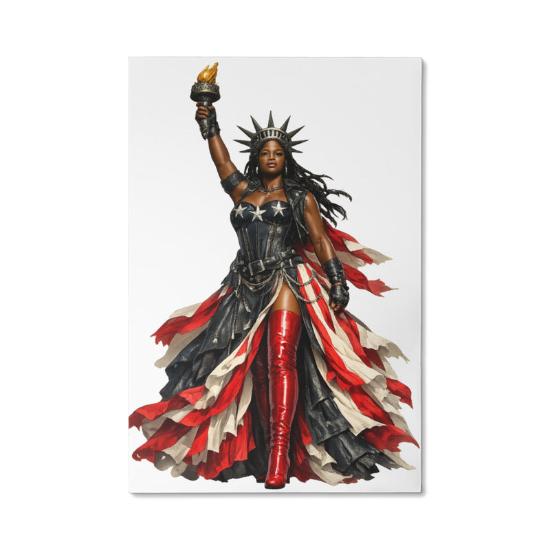 A beautiful print of Miss Americana in glorious red white and navy garb with leather accents, stunning reinvention of lady liberty reimagined is a striking pose with fiery torch ready to lead the way.
